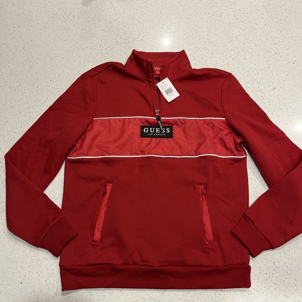 GUESS Los Angeles Quarter Zip Pullover Men's Small Red Logo Colorblock NWT